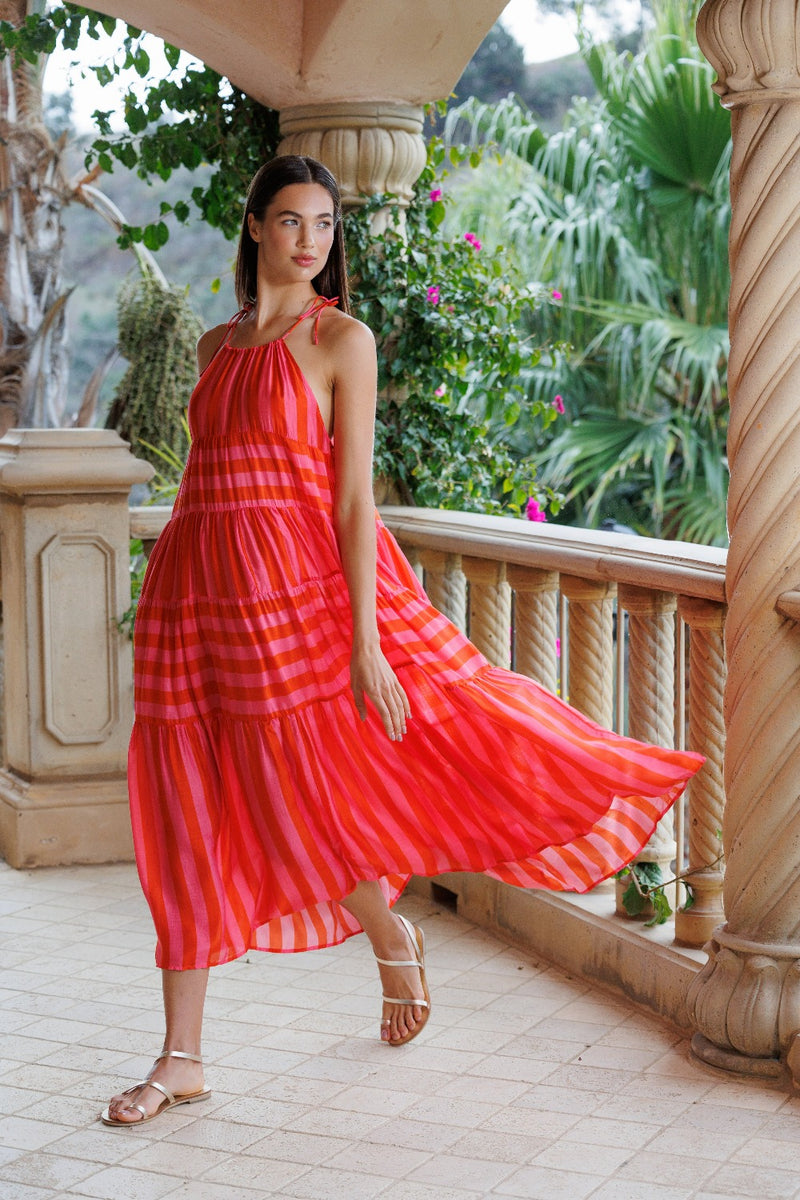 VALERIA LONG DRESS RED & PINK STRIPES