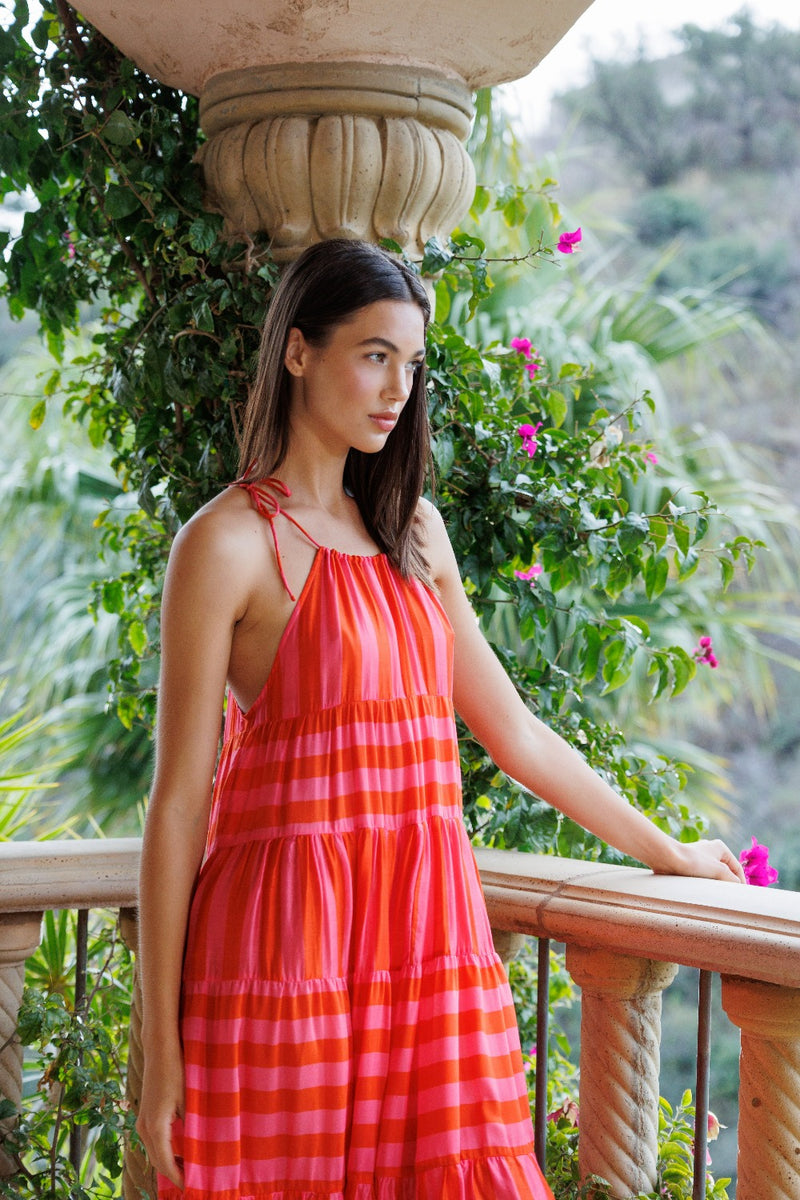 VALERIA LONG DRESS RED & PINK STRIPES