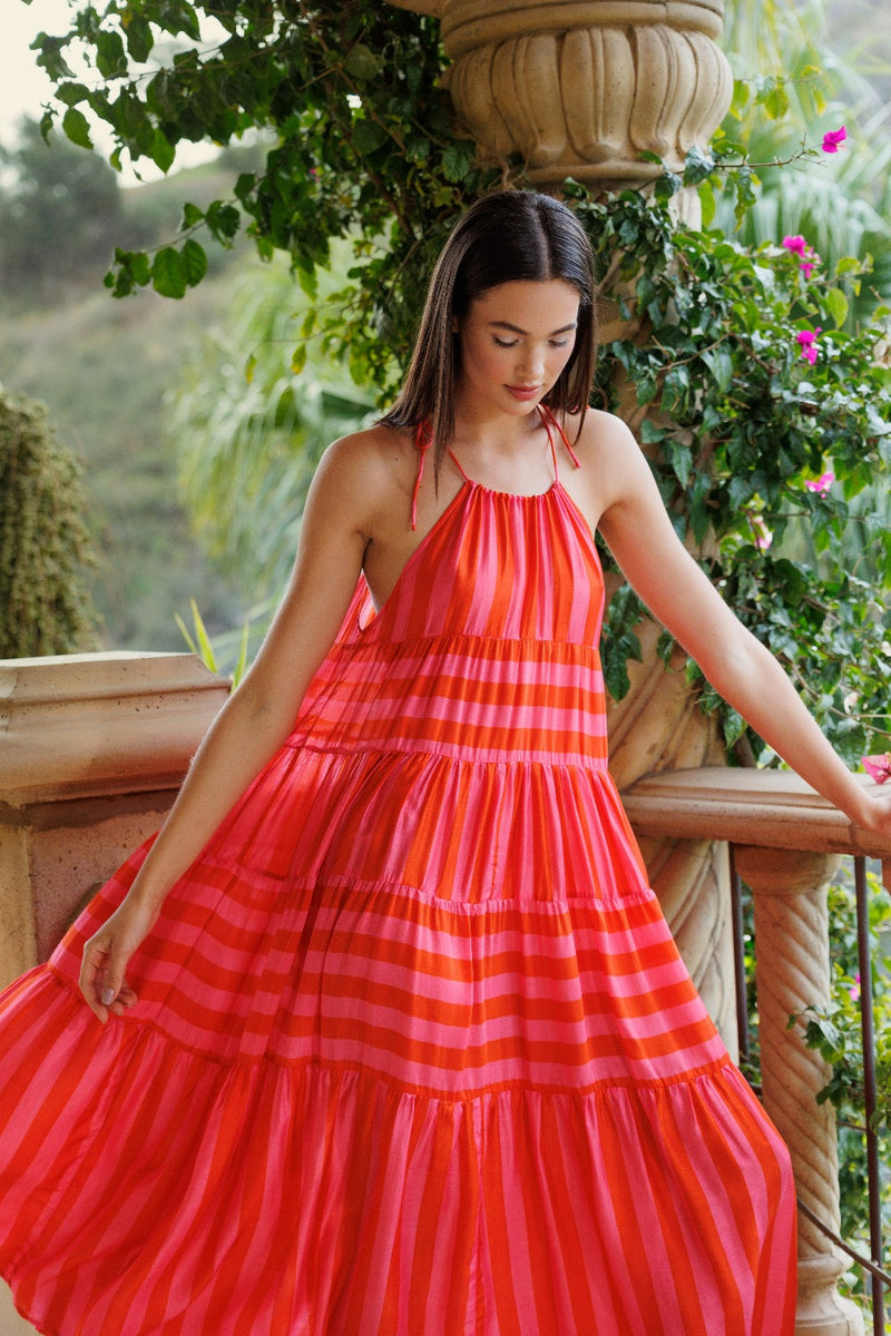 VALERIA LONG DRESS RED & PINK STRIPES