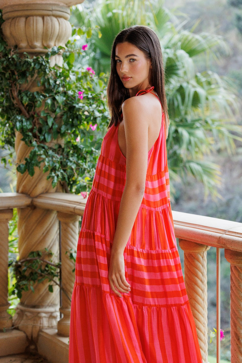 VALERIA LONG DRESS RED & PINK STRIPES