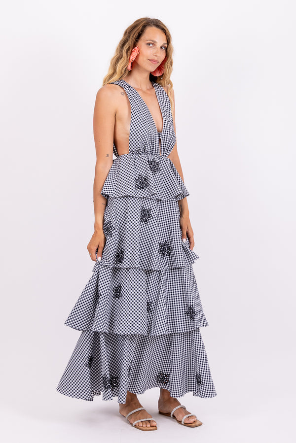 EMILIENNE LONG DRESS GINGHAM BLACK