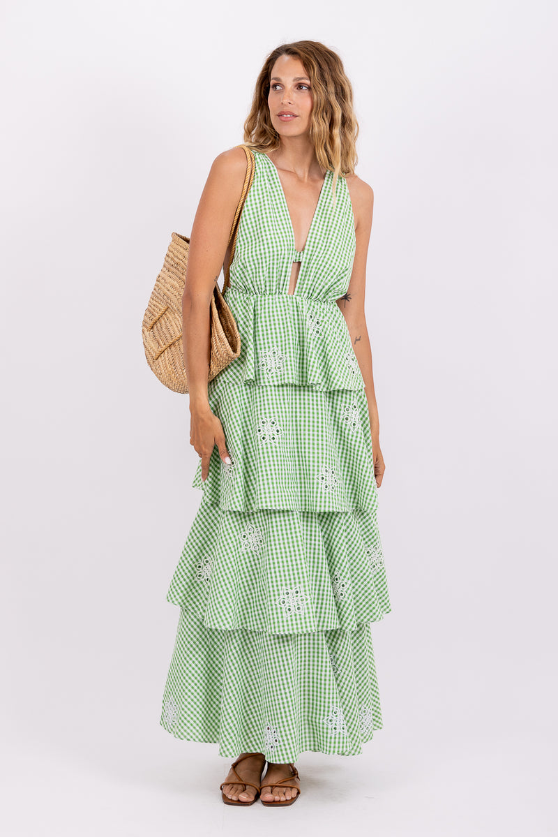 EMILIENNE LONG DRESS GINGHAM LIME