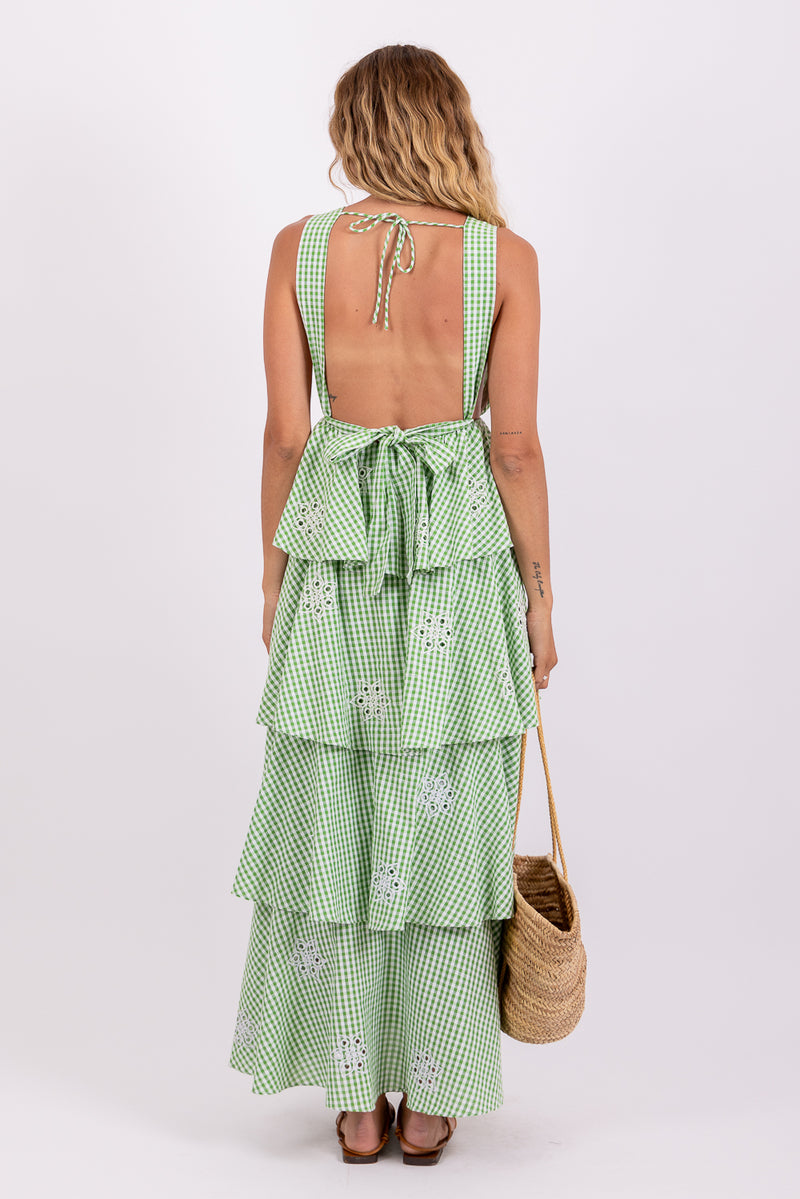 EMILIENNE LONG DRESS GINGHAM LIME