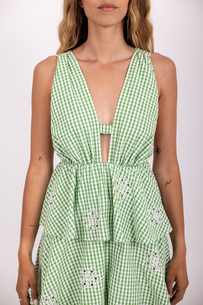EMILIENNE LONG DRESS GINGHAM LIME