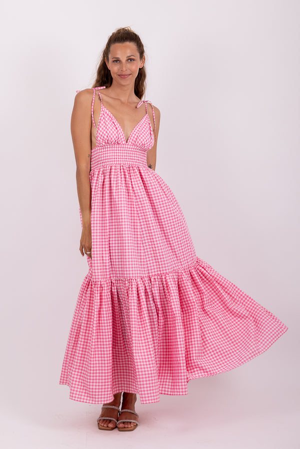 YOLANDA LONG DRESS GINGHAM PINK