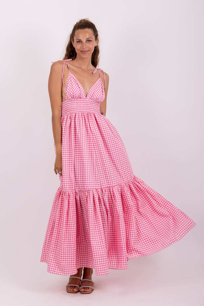 YOLANDA LONG DRESS GINGHAM PINK