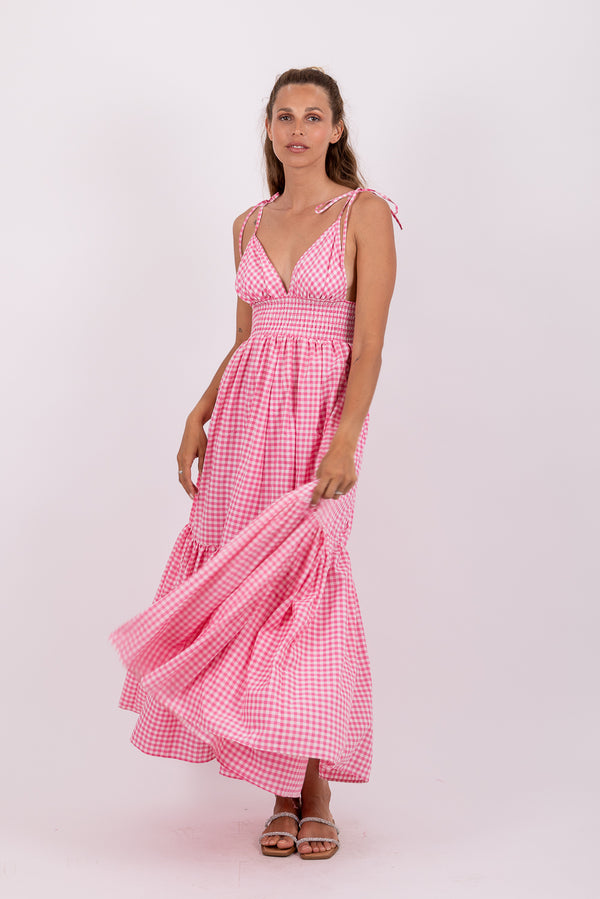 YOLANDA LONG DRESS GINGHAM PINK