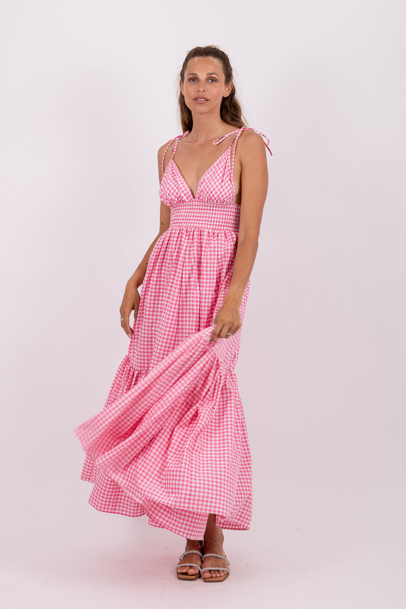 YOLANDA LONG DRESS GINGHAM PINK