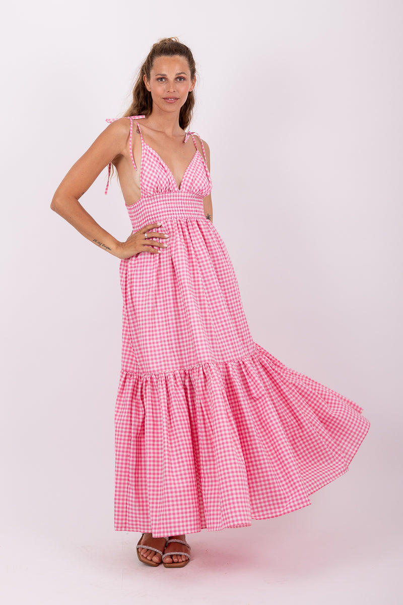 YOLANDA LONG DRESS GINGHAM PINK