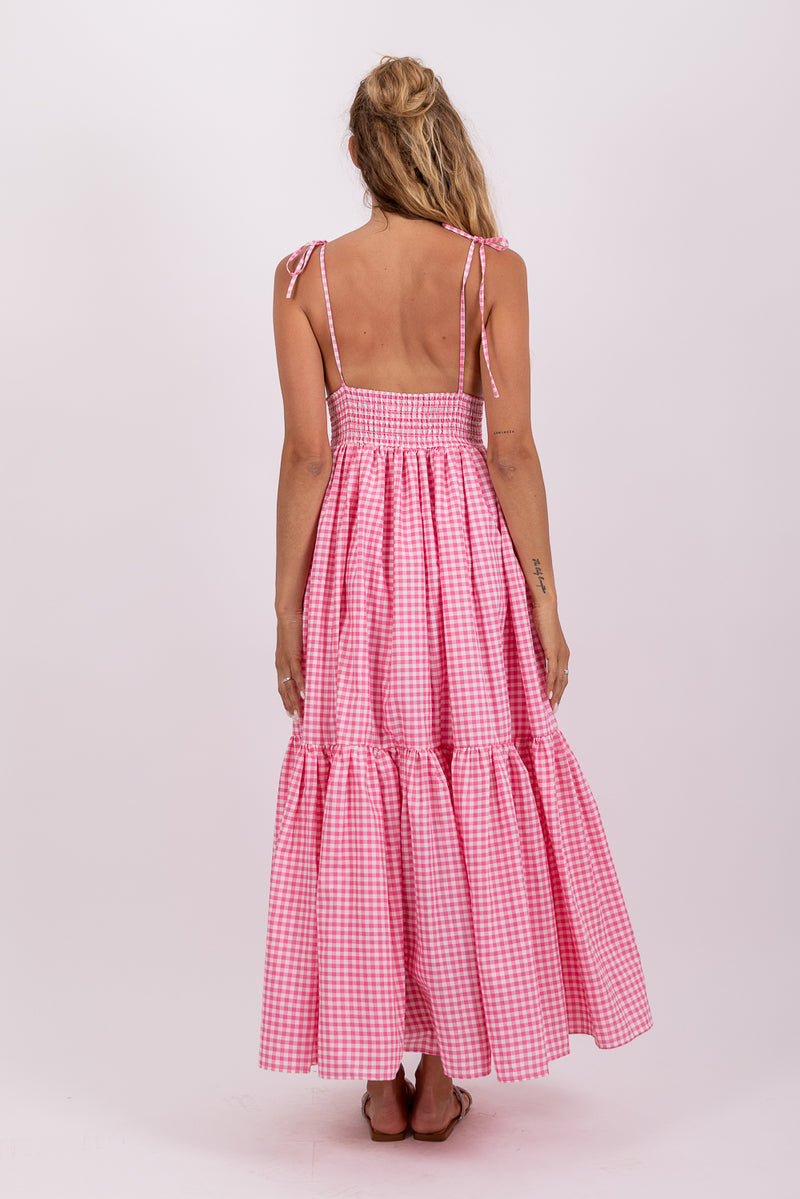 YOLANDA LONG DRESS GINGHAM PINK