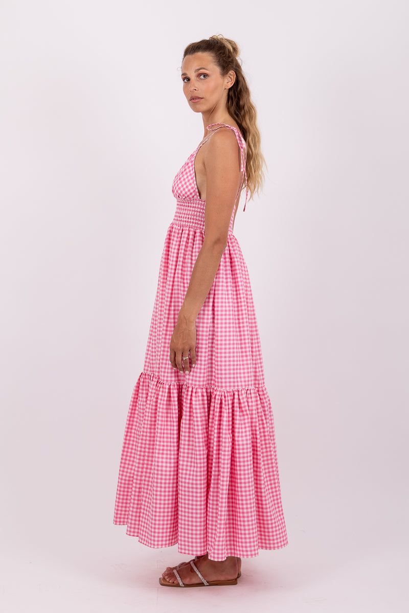 YOLANDA LONG DRESS GINGHAM PINK