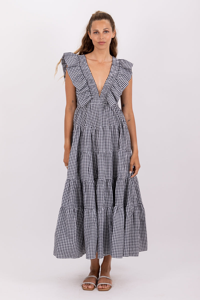 SHANDRANI LONG DRESS GINGHAM BLACK