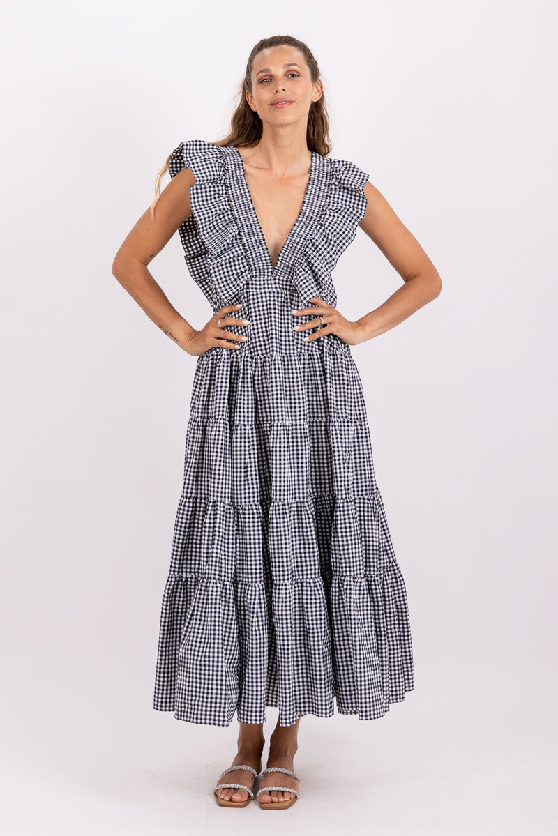 SHANDRANI LONG DRESS GINGHAM BLACK