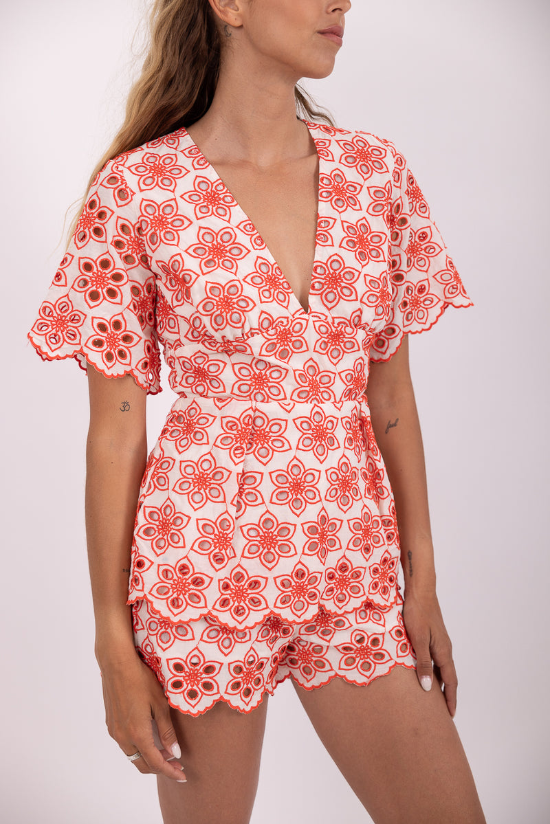MARINA JUMPSUIT EYELET RED