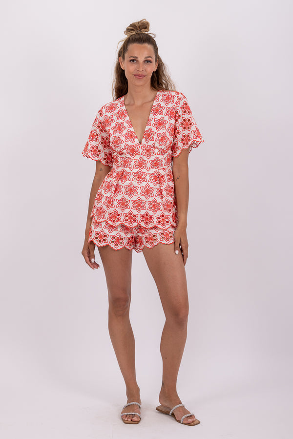 MARINA JUMPSUIT EYELET RED