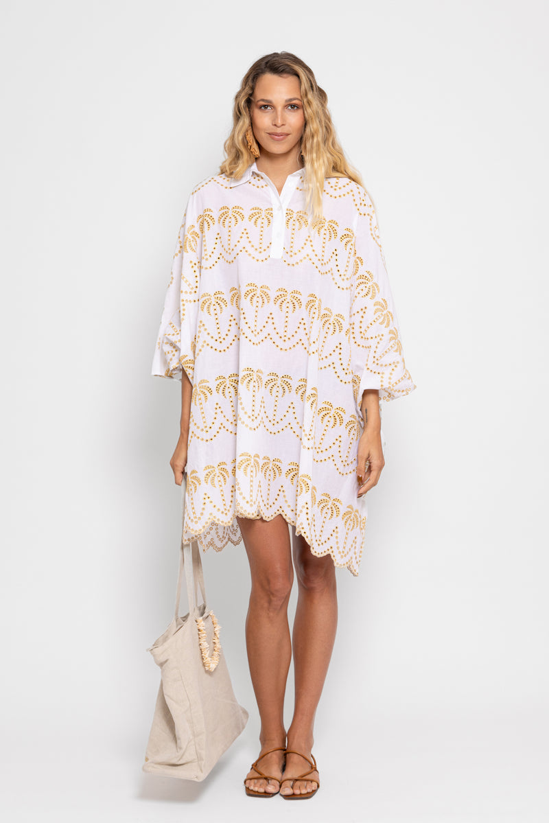 FLORA CAFTAN EYELET & GOLD PALMTREES