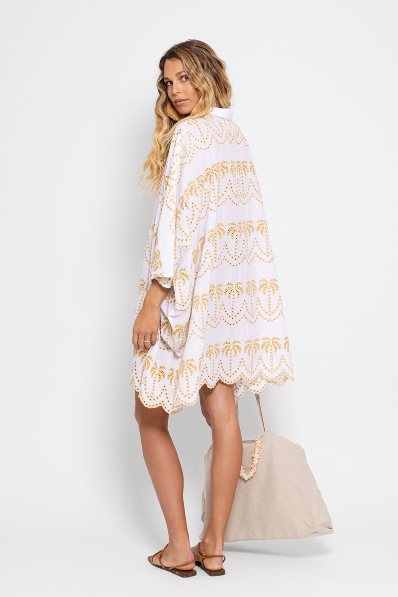 FLORA CAFTAN EYELET & GOLD PALMTREES