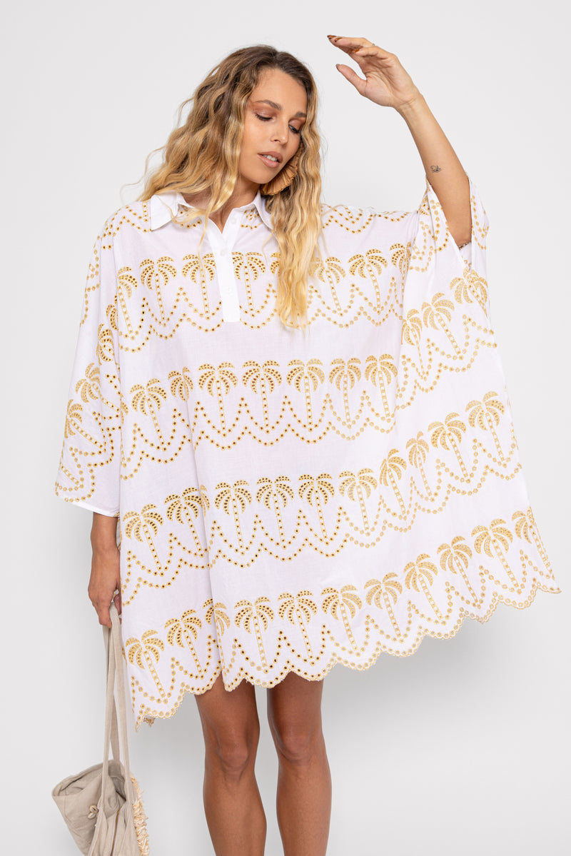 FLORA CAFTAN EYELET & GOLD PALMTREES