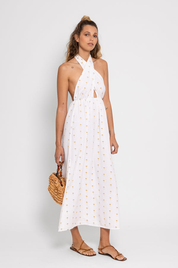 AMINY DRESS WHITE & GOLD PALMTREES