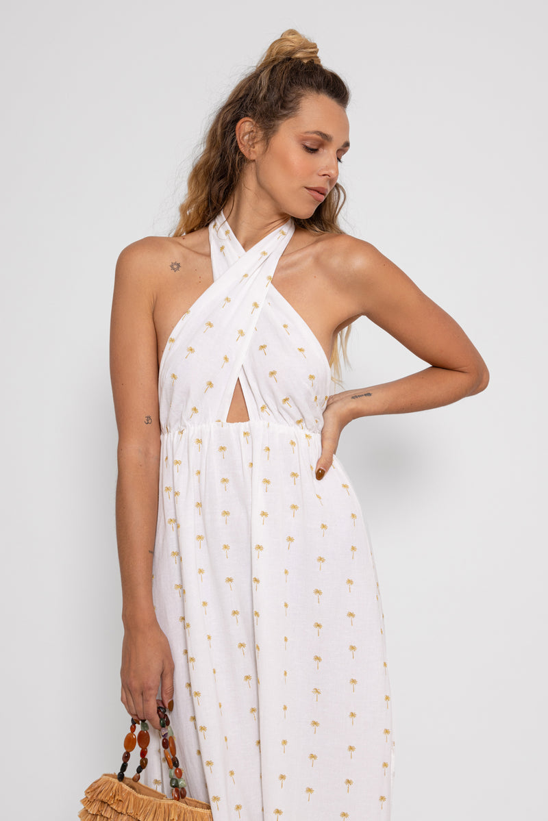 AMINY DRESS WHITE & GOLD PALMTREES