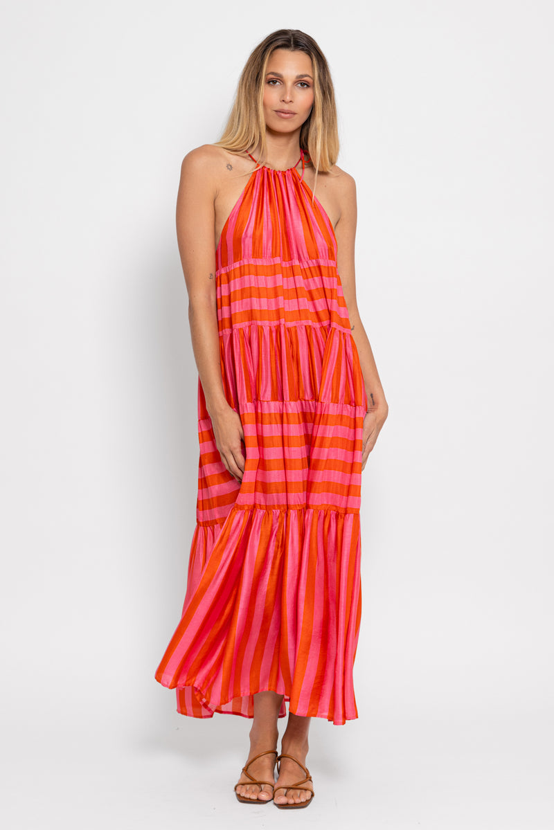 VALERIA LONG DRESS RED & PINK STRIPES