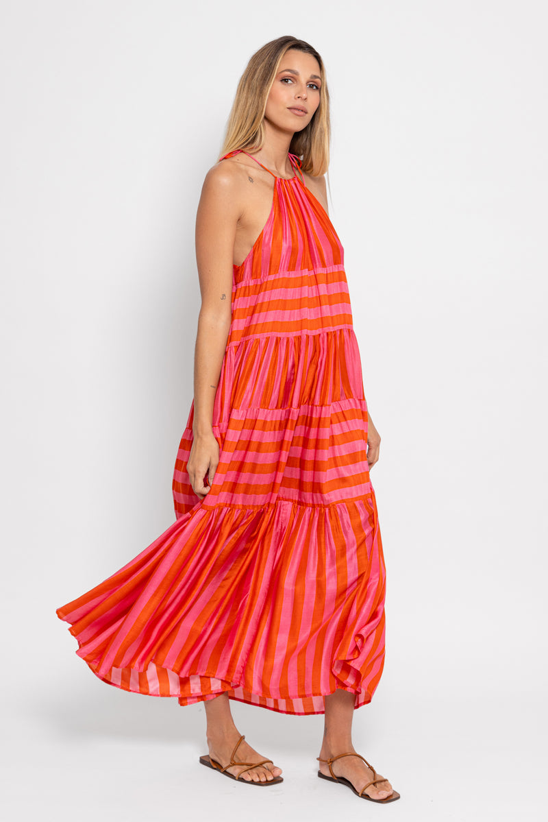 VALERIA LONG DRESS RED & PINK STRIPES