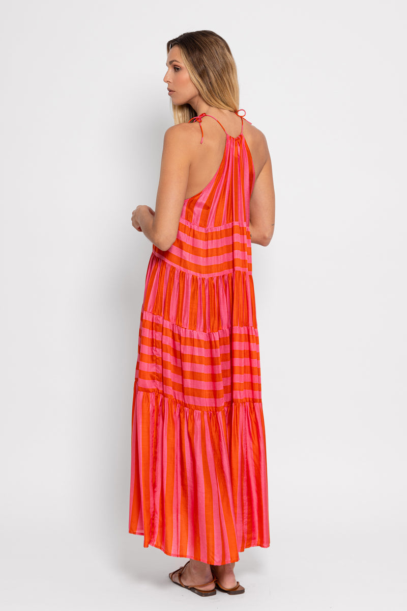 VALERIA LONG DRESS RED & PINK STRIPES