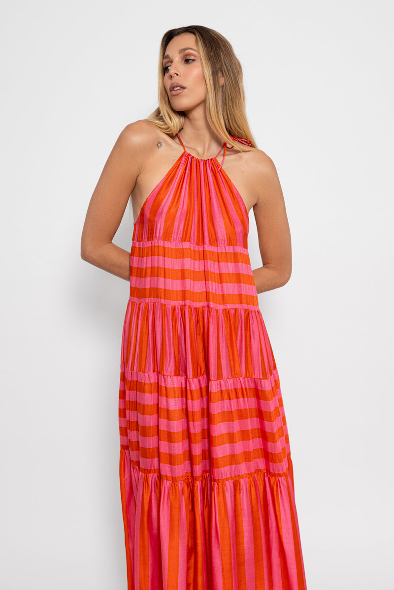 VALERIA LONG DRESS RED & PINK STRIPES