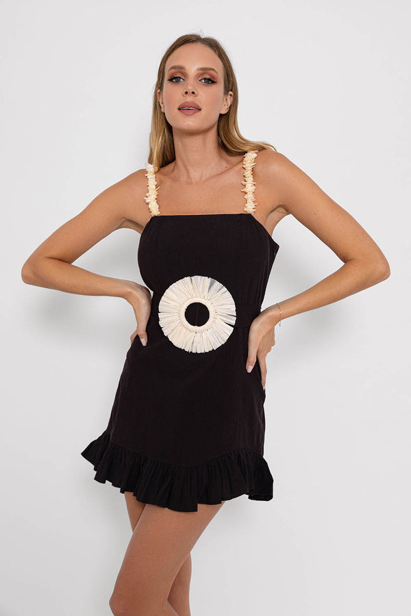 FRANCINE SHORT DRESS BLACK WITH RAFFIA BELT