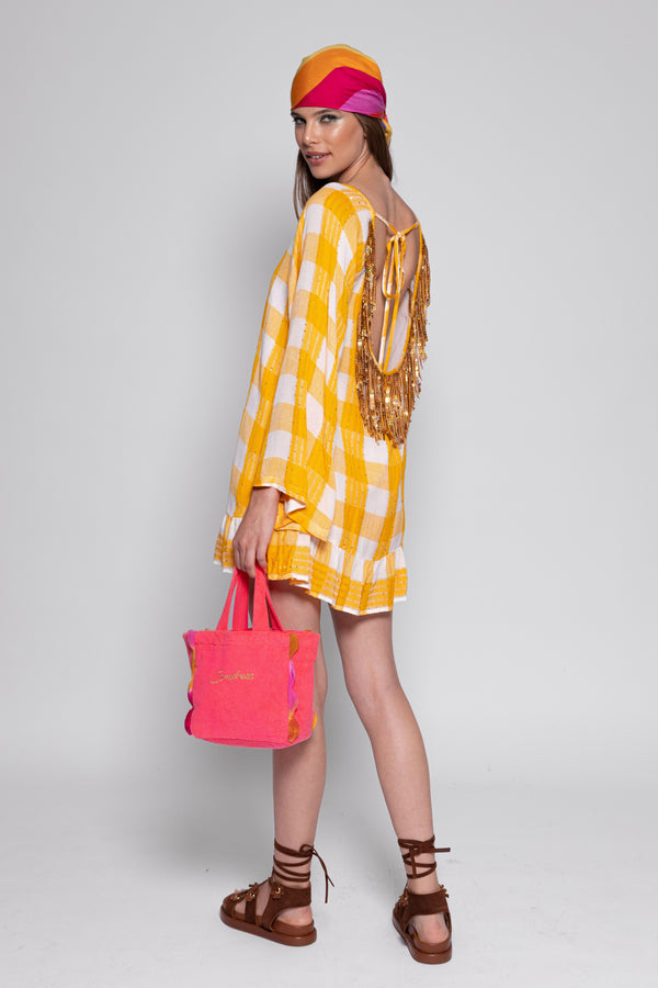 INDIANA SHORT DRESS GINGHAM YELLOW / SEQUINS