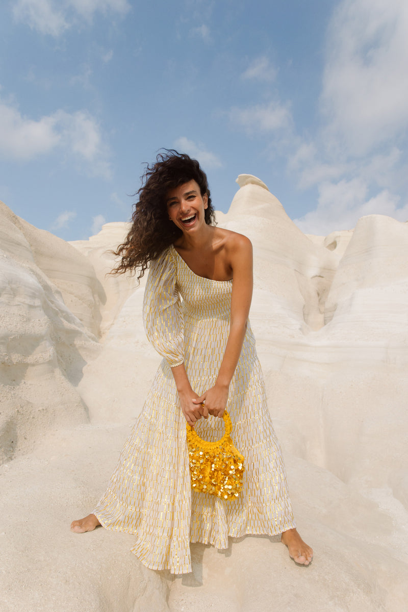 JOANNA LONG DRESS CROISETTE WHITE & GOLD