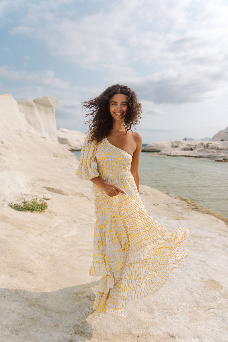 JOANNA LONG DRESS CROISETTE WHITE & GOLD