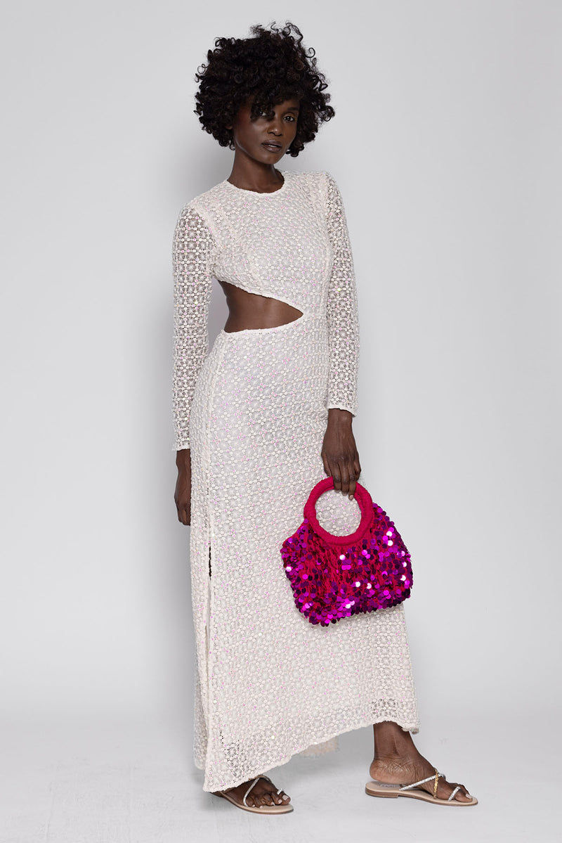 JODIE LONG DRESS CROCHET SEQUINS OFF WHITE