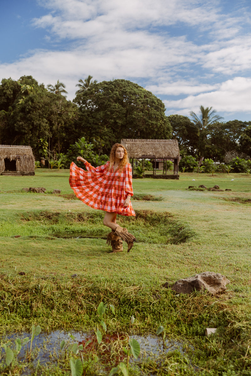 KELLY SHORT DRESS GINGHAM MIX CORAL