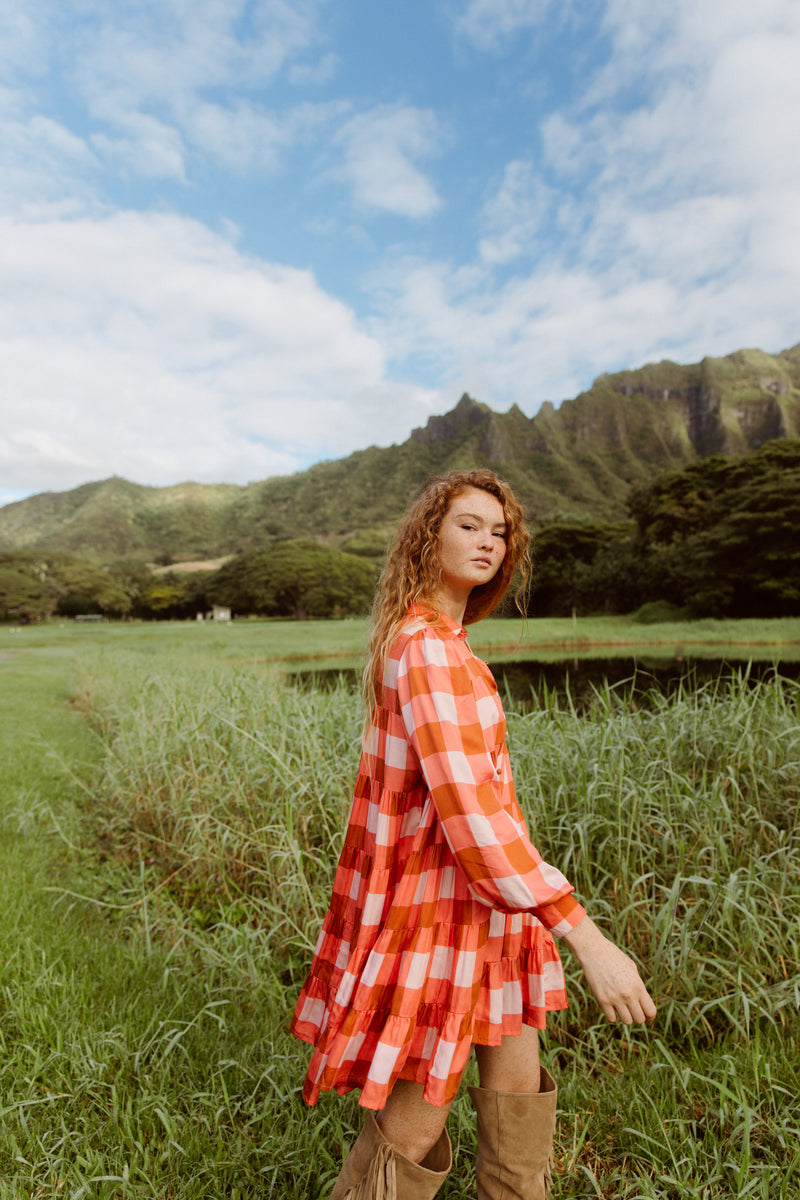 KELLY SHORT DRESS GINGHAM MIX CORAL